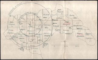 cca 1942 Magyarország légoltalmi körzetei (a visszacsatolt területekkel), kézzel rajzolt térkép, hajtásnyomokkal, 21x34 cm