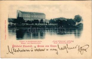 1899 (Vorläufer) Lippa, Lipova; Állami polgári és kereskedelmi iskola, József főherceg szálloda. Josef Zach / school and hotel (vágott / cut)