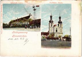 1900 Boldogasszony, Fertőboldogasszony, Frauenkirchen; Herschaftl. Schloss, Wallfahrts Kirche / kastély, templom / castle, church (vágott / cut)