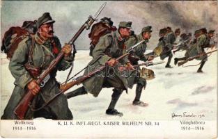 1916 Weltkrieg 1914-1916 - K.u.K. Inft.-Regt. Kaiser Wilhelm Nr. 34. Verlag K.u.K. Kmdo. der 27. Inf. Trp. Dion. / A tiszta jövedelem a Kárpátokban elpusztított falvak újjáépítésére és a második hadsereg legénységi özvegyei és árvái alapítványára fordíttatik / WWI Austro-Hungarian military art postcard, support fund s: Hans Larwin (kopott élek / worn edges)