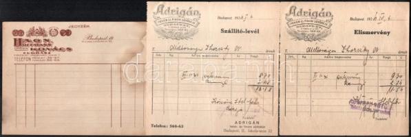 1934 Bp., Adrigán fehér és finom sütödéje 2 db fejléces számla + Hagn, Hoffmann utóda Kovács cukrász kitöltetlen fejléce számla, ázott
