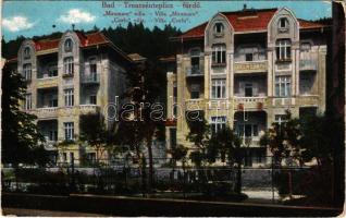 1916 Trencsénteplic, Trencianske Teplice; Miramare és Corfu villa. Wertheim Zsigmond kiadása / Villa Miramare, Villa Corfu + "KATONAI ÁPOLÁSI ÜGY MILITäRPFLEGE VÖRÖS KERESZT KÓRHÁZ TRENCSÉNTEPLICZ" So. Stpl (gyűrődések / creases)