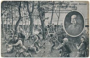 1915 Honvédek szuronytámadása Grodeknél (Oroszország) / Bajonettkampf der öster. ungar. Armee im Grodeker Wald / WWI Austro-Hungarian military attack, Franz Joseph of Austria (ázott / wet damage)