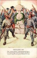 Kriegsjahr 1916. Den heldenmütigen Vaterlandsverteidigern am Namenstage unseres Kaisers gewidmet vom Kriegsfürsorgeamt Bozen-Gries. Offizielle Karte für Rotes Kreuz, Kriegsfürsorgeamt, Kriegshilfsbüro Nr. 568. / WWI Austro-Hungarian K.u.K. military art postcard, Franz Joseph I of Austria s: Egger-Lienz (EB)