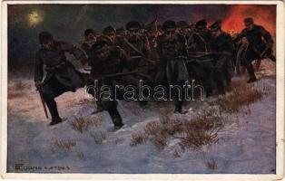 Gefreiter, Titular-Korpolar Eduard Lux, von der 9. Kompagnie des schlesischen Infanterie-Regimentes Nr. 1., treibt mit zwei Kameraden dreizehn gefangene Russen zum eigenen Brigadekommando, nachdem er seine Gefangenen mit Riemenzeug an die Lafetten zweier russischer Maschinengewehre gespannt hatte. Aus dem goldenen Buche der Armee Serie V. Offizielle Karte für Rotes Kreuz. Kriegsfürsorgeamt Kriegshilfsbüro Nr. 551. / WWI Austro-Hungarian K.u.K. military art postcard, support fund, Russian POWs (prisoners of war) s: Fr. Jung (kopott sarkak / worn corners)