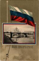 Moscow, Moscou; Cathédrale du Sauveur / Cathedral of Christ the Saviour. Art Nouveau litho montage with Russian flag (EK)