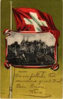 1903 Neuchatel, Le Chateau. Delachaux &amp; Niestlé / castle. Art Nouveau litho montage with Swiss flag