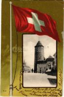 1902 Romont, Le Chateau / castle. Art Nouveau litho montage with Swiss flag (felületi kopás / worn surface)