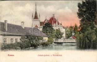 1906 Kassa, Kosice; Jakab palota a Hernáddal. László Béla kiadása / palace, river, bridge (fl)