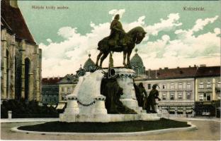 Kolozsvár, Cluj; Mátyás király szobor, templom, Erdélyi Bank, Jeney Lajos, Deutsch József üzlete. Schuster Emil kiadása / monument, church, bank, shops