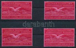 1932 Columbia Postagalamb Sportegyesület Budapest, 4 db vörös színű levélzáró