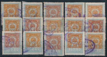 1921 15 db 50K Forgalmi adóbélyeg, közte színeltérések