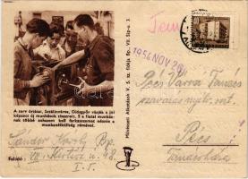 1954 A terv óriásai, Sztálinváros, Diósgyőr várják a jól képzett új munkások tízezreit. S a fiatal munkásnak többé sohasem kell farkasszemet néznie a munkanélküliség rémével. Művészeti Alkotások. Magyar szocialista propaganda / Hungarian Socialist propaganda