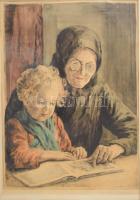 Edvi Illés Aladárné (1877-1963): Meseolvasás. Színezett rézkarc, papír, jelzett. Üvegezett, dekoratív, sarkaiban kissé sérült fakeretben. 40x29 cm