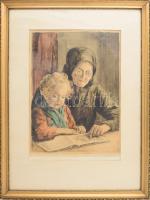Edvi Illés Aladárné (1877-1963): Meseolvasás. Színezett rézkarc, papír, jelzett. Üvegezett, dekoratí...
