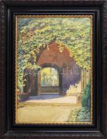 Szappanos Gy. jelzéssel, XX. sz. első fele: Zöldellő udvar. Olaj, karton. Üvegezett, dekoratív, korabeli fakeretben. 55x39,5 cm