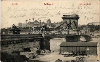 1913 Budapest I. Lánchíd pesti hídfője, raktár, lovaskocsi, ipari hajókikötő / Kettenbrücke / Chain Bridge, storage, horse cart, quay (EK)