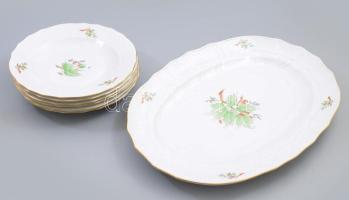 Herendi Hecsedli mintás szervírozó készlet. Szervírozó tál 38x28 cm, tálak d: 20,5 cm, jelzett, 2. oszt. jelzés, hibátlan.