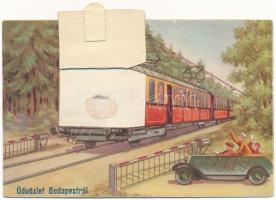 1942 Budapest XII. grafikai képeslap leporello, fogaskerekű vasút, automobil, hiányos (ázott / wet d...