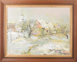 Sáska Tibor (1950-): Faluvége. Olaj, vászon. Jelzett. Dekoratív fakeretben. 60x80 cm