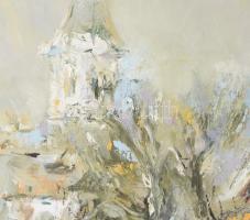 Sáska Tibor (1950-): Faluvége. Olaj, vászon. Jelzett. Dekoratív fakeretben. 60x80 cm