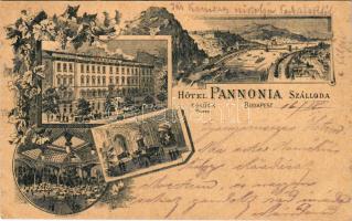 1905 Budapest VIII. Hotel Pannonia szálloda, Duna, Gellért hegy, Lánchíd, gőzhajó. Art Nouveau, floral, litho (fa)