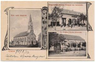1907 Csene, Tschene, Cenej, Cenei; Római katolikus templom, Popovich Sándor Ferenc vaskereskedés üzlete, Dr. Gruber Gyula körorvos háza / church, shop, doctor's house. Art Nouveau (EK)