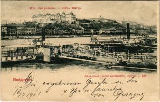 1901 Budapest V. lapátkerekes hajók az Eskü téri kikötőben, budai királyi várpalota látképe (fl)