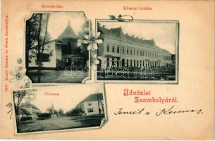 1899 (Vorläufer) Zsombolya, Hatzfeld, Jimbolia; Remete lak, Községi bérház, Fő utca, üzletek. Manzin és Ferch kiadása / shops, main street, villa. Art Nouveau, floral