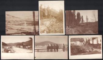 1916 Erdély kiürítése, 6 db fotó katonákkal, civilekkel, járművel, stb., jelzés nélkül, 8,5x11 cm körüli méretekben