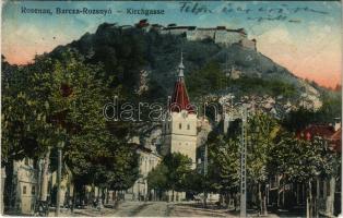 1910 Barcarozsnyó, Rozsnyó, Rasnov, Rosenau; Kirchgasse / Templom utca, vár. G. Gutt / church, street, castle (fl)