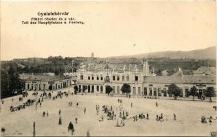 1913 Gyulafehérvár, Karlsburg, Alba Iulia; Fő tér és vároldal, takarékpénztár, Fürst, Weiss, Adler és Herman üzlete, Hungária szálloda. Petri F. Vilmos kiadása / main square, shops, savings bank, hotel