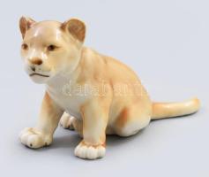 Royal Dux porcelán oroszlánkölyök, kézzel festett, lekopott jelzéssel, kis kopásnyomokkal, 14x8 cm