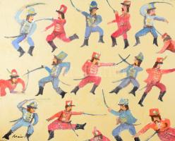 Schéner Mihály (1923-2009): 1848/49-es szabadságharc. Olaj, farost. Jelezve balra lent. Hátoldalán Schéner Mihály autográf feliratával és rajzával. 80x100 cm