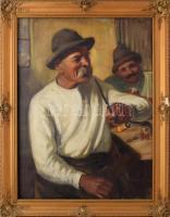 Olaszy Sándor (1902-1976): Pipázó társaság, 1932. Olaj, vászon, jelezve jobbra lent. Apró felületi sérülésekkel. Dekoratív, sérült fakeretben, 80×60 cm