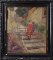 Színes Elemér (1886-?): Gyerekek az utcán (Tabán?). Olaj, vászon. Jelzett. Hátoldalán töredékes (BÁV?) raglappal és régi MNG kiviteli bélyegzőkkel. Dekoratív, sérült fakeretben, 64×54 cm