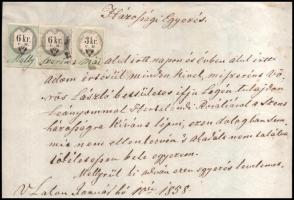 1858 Lak, házassági egyezés 2x6kr CM + 3kr CM okmánybélyeggel