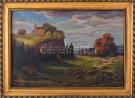 Szikora B jelzéssel: Pásztorlány juhokkal. Olaj, vászon. Dekoratív, kissé sérült fakeretben, 35×52 cm