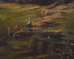 Szikora B jelzéssel: Pásztorlány juhokkal. Olaj, vászon. Dekoratív, kissé sérült fakeretben, 35×52 c...