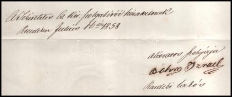1858 Rendek, Böhm Izrael rendeki lakos kérvénye a sümegi cs. kir. szolgabírói hivatalhoz, 30kr CM ok...