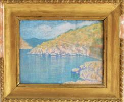 Jelzés nélkül: Napfényes vízparti táj. Pasztell, papír. Dekoratív, üvegezett, sérült fakeretben, 24×31 cm