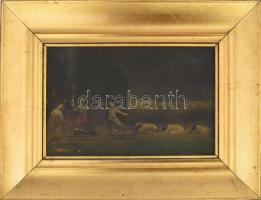 Jelzés nélkül, XX. sz. első fele: Jelenet. Olaj, karton. Dekoratív fakeretben, 15,5×23,5 cm