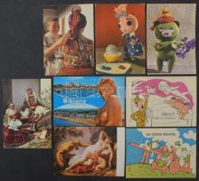 Kb. 185 db MODERN motívum képeslap: mesefigurák, népviselet, katonai humor, erotika, művészlapok
