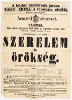 1863 Kalocsa, jótékonysági előadás a helybeli kisdedóvoda javára a városháza udvarán, színházi plakát 1kr hirdetménybélyeggel. Kalocsa, Malatin és Holmeyer-ny. Hajtva, sérülésekkel, 39,5x30 cm