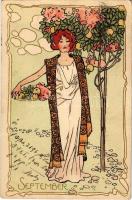 1900 Szeptember allegóriája, hölgy gyümölcsökkel / September, woman with fruits. Art Nouveau litho postcard written with cryptography (EK)