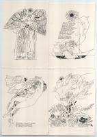 8 db MODERN postatiszta Ady Endre grafikai vers illusztrációs képeslap. Képzőművészeti Alap Kiadóvállalata / 8 unused graphic motive cards, verse illustrations of Hungarian poet Endre Ady s: Reich Károly