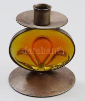 Üvegtömb betéttel réz gyertyatartó, m: 13 cm