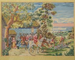 Dekoratív, üvegezett, antik fakeret, falkavadászat gobelin jelenettel. Belső méret: 28,2x39 cm