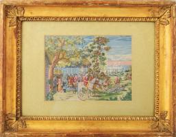 Dekoratív, üvegezett, antik fakeret, falkavadászat gobelin jelenettel. Belső méret: 28,2x39 cm