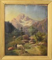 Jelzés nélkül, XIX. sz. festő: Pásztor tehéncsordával. Olaj, vászon. Kisebb felületi sérülésekkel. Dekoratív, kissé sérült fakeretben. 40,5x33 cm